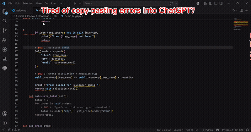 Neo Bug Forge fixing a bug in VS Code